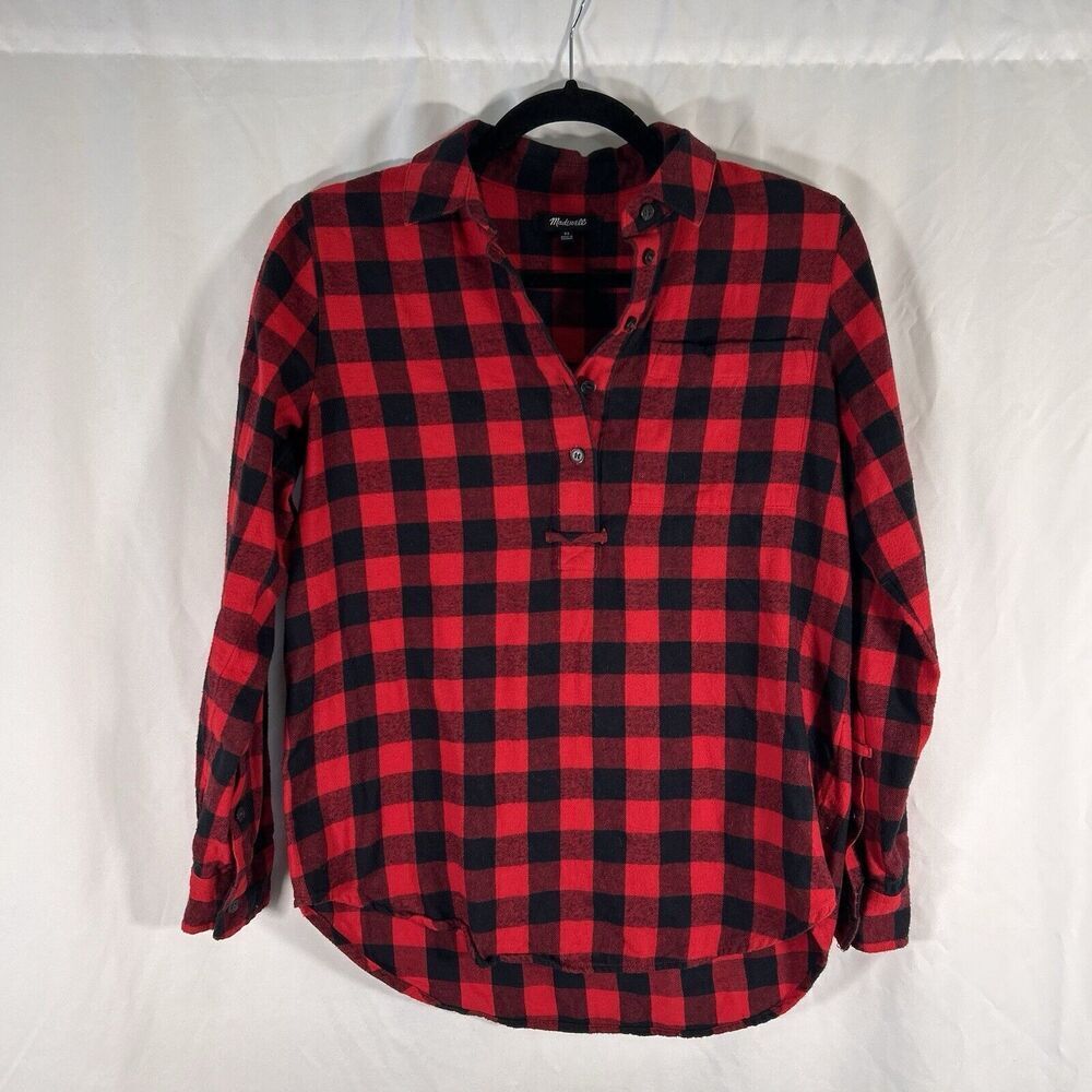 Madewell Flannel Shirt Women's XS Red Plaid 1/2 Button Long Sleeve 100% Cotton